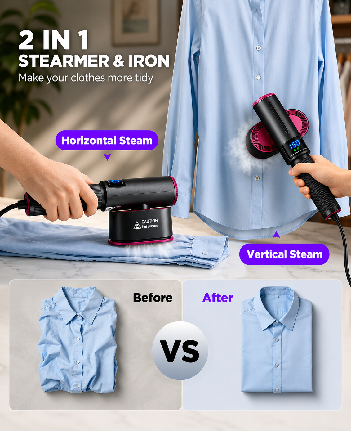 Portable 2-in-1 Clothes Steamer & Iron